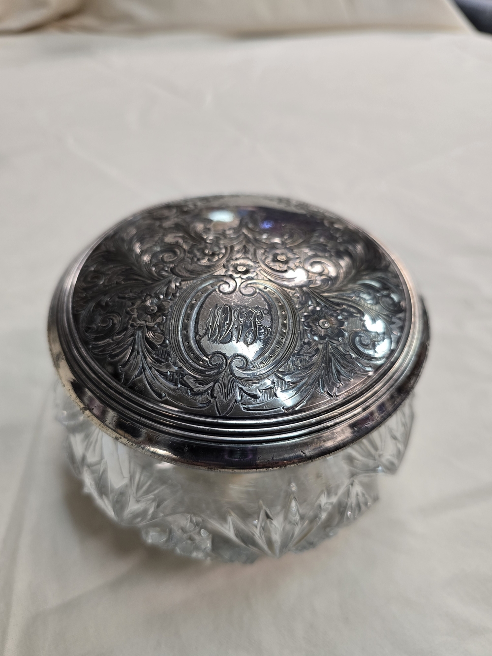 Vintage GORHAM Powder Vanity Jar W/ Silverplate Lid Pattern #059